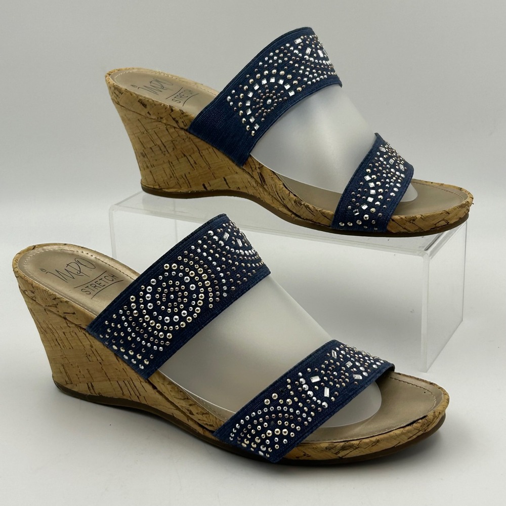 Impo Vessie Wedge Sandals Women 8M Navy Blue Rhinestone Stretch Boho Summer